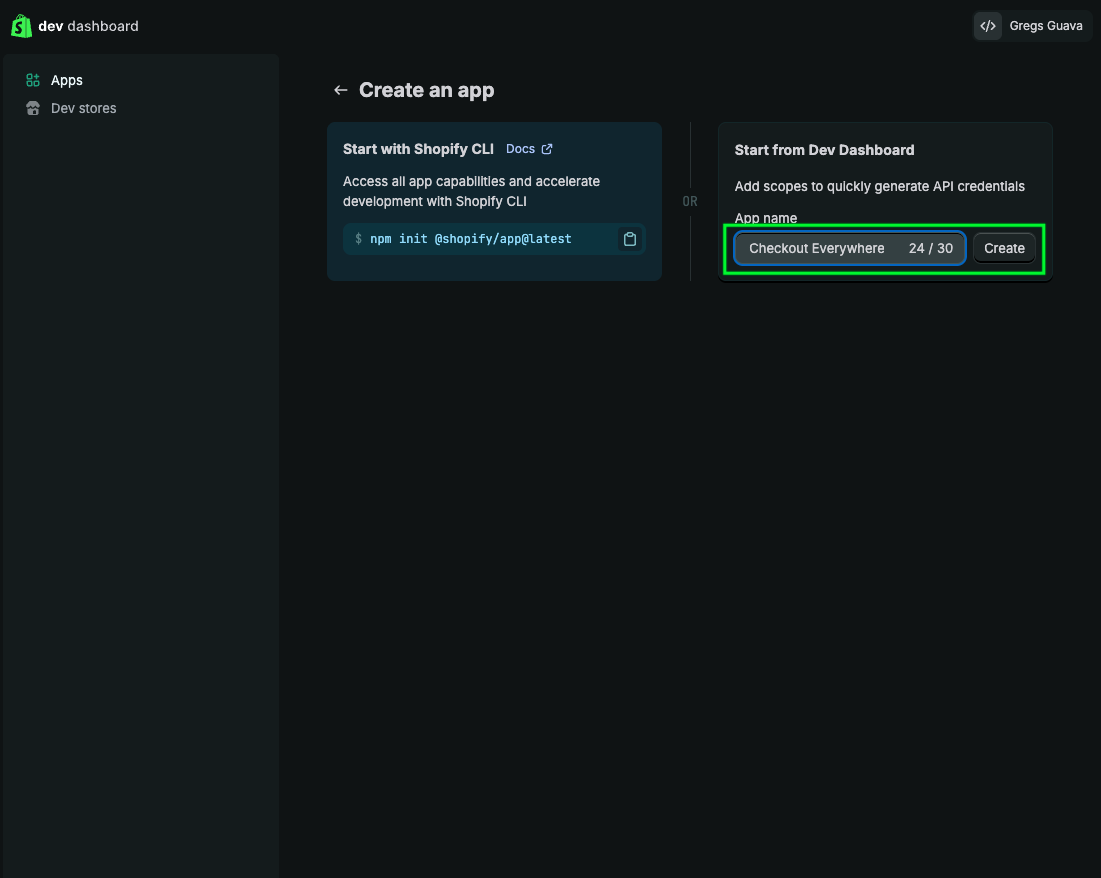 App name field and Create