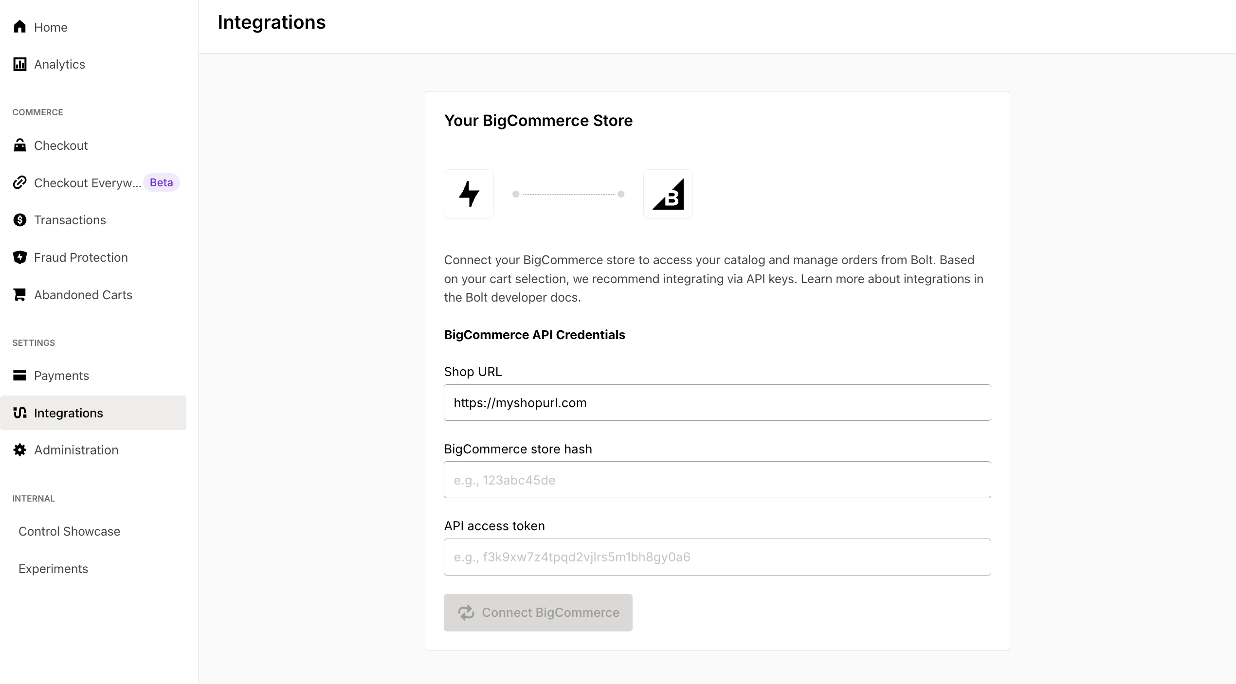 Bolt dashboard input page.