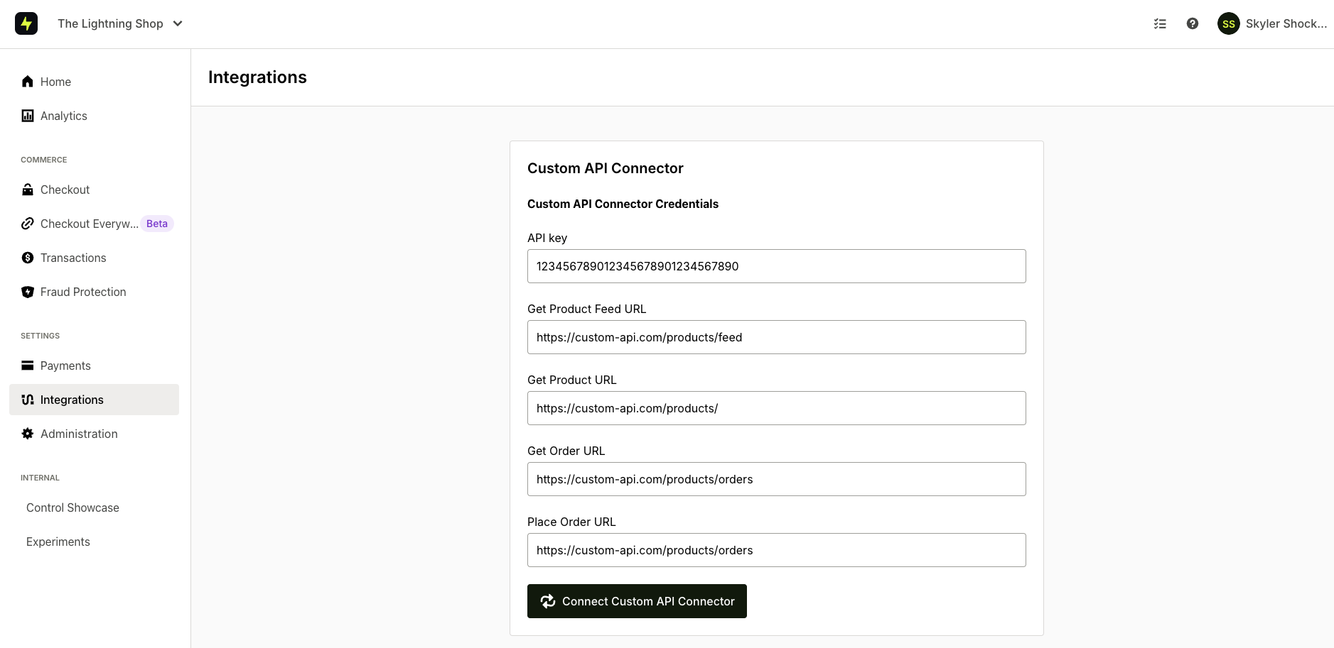 Custom API integration input page.