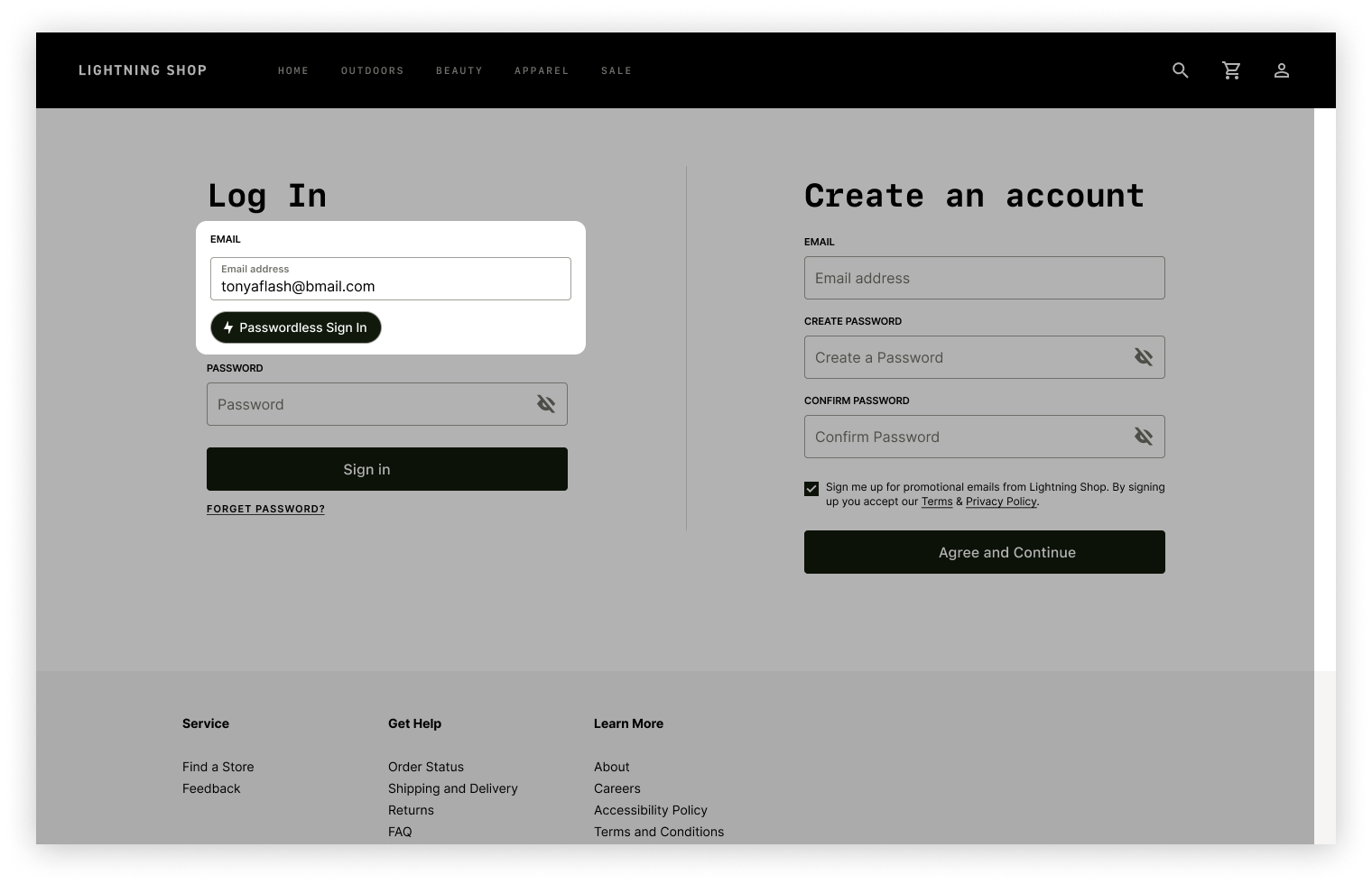 Account Login with the Bolt Passwordless Sign In Button.
