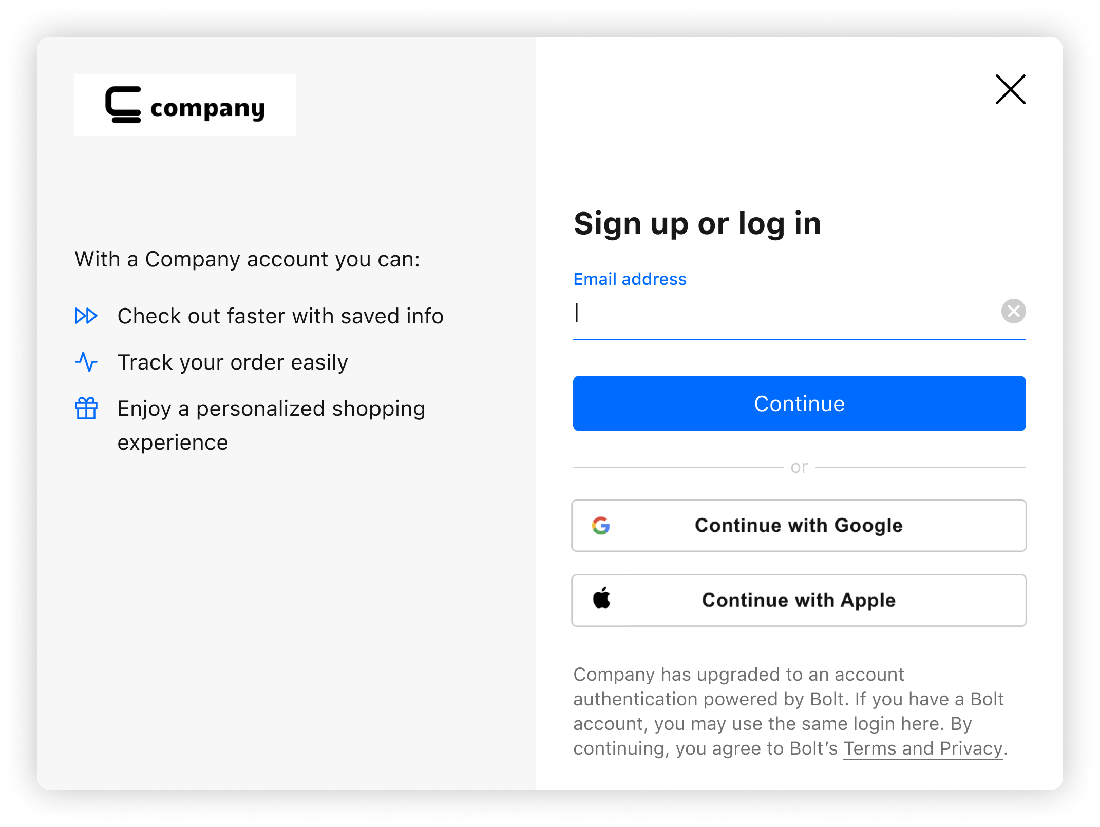 Social authentication option buttons for Google or Apple in the Bolt login authentication modal