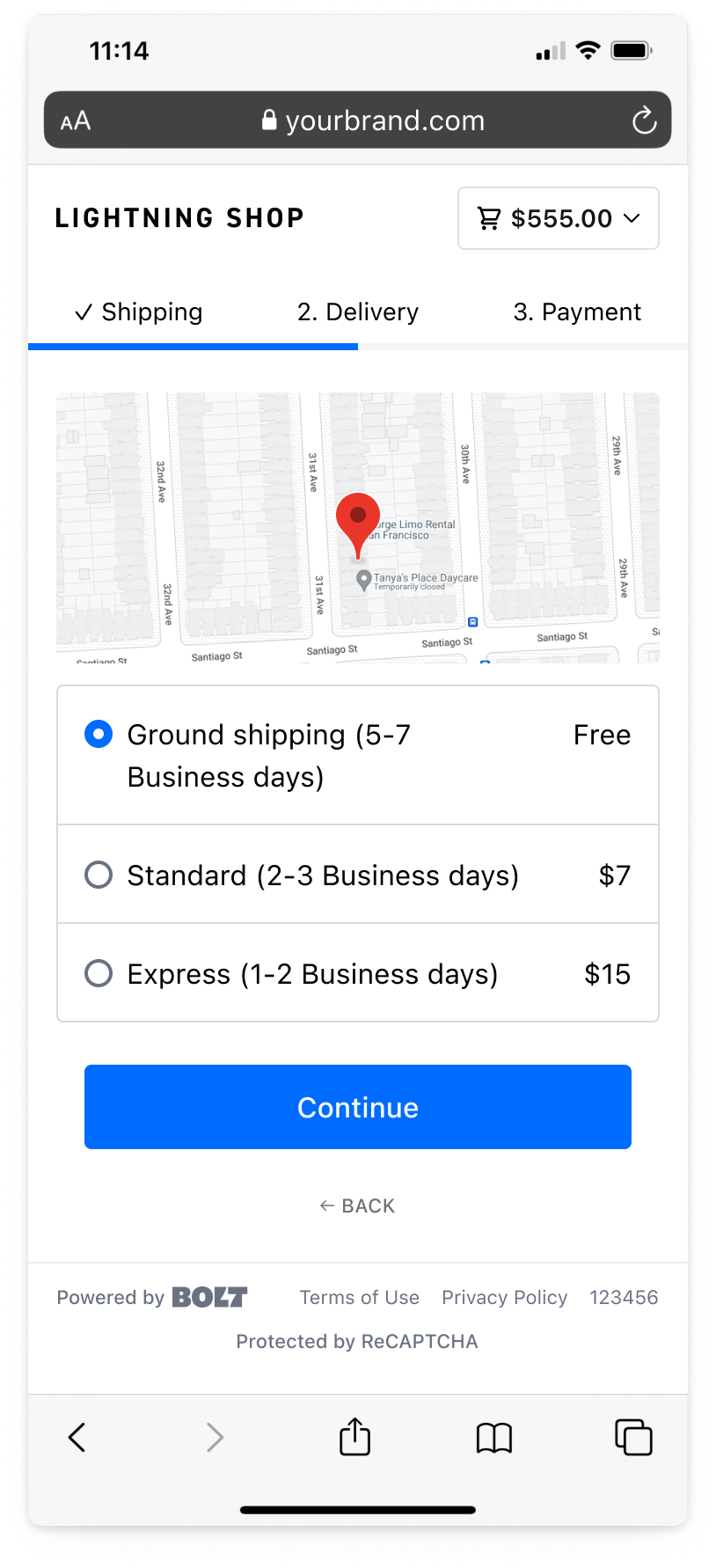 View of checkout showing an address located on a map in the mobile checkout window.