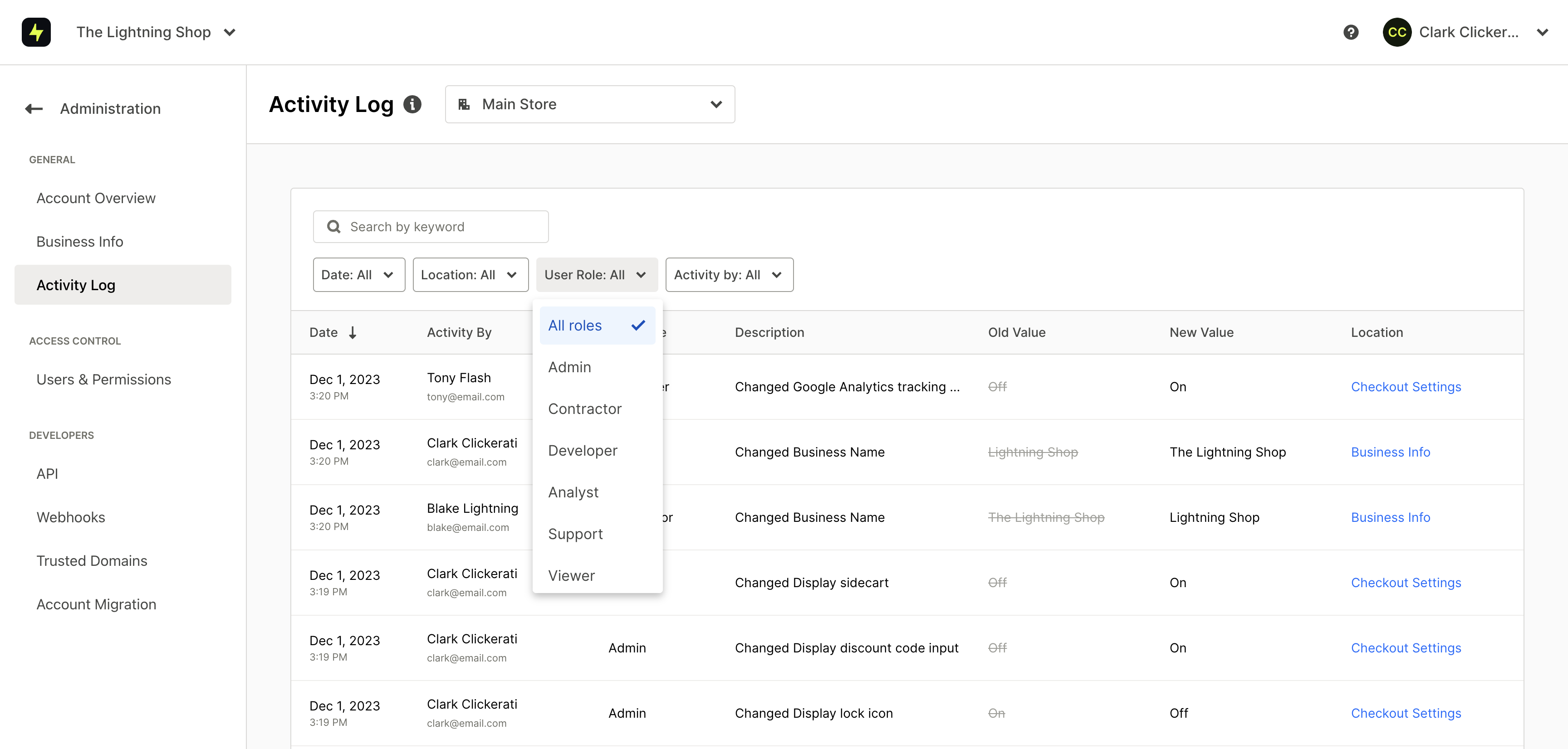 View of the Dashboard Activity Log with a filtered view.