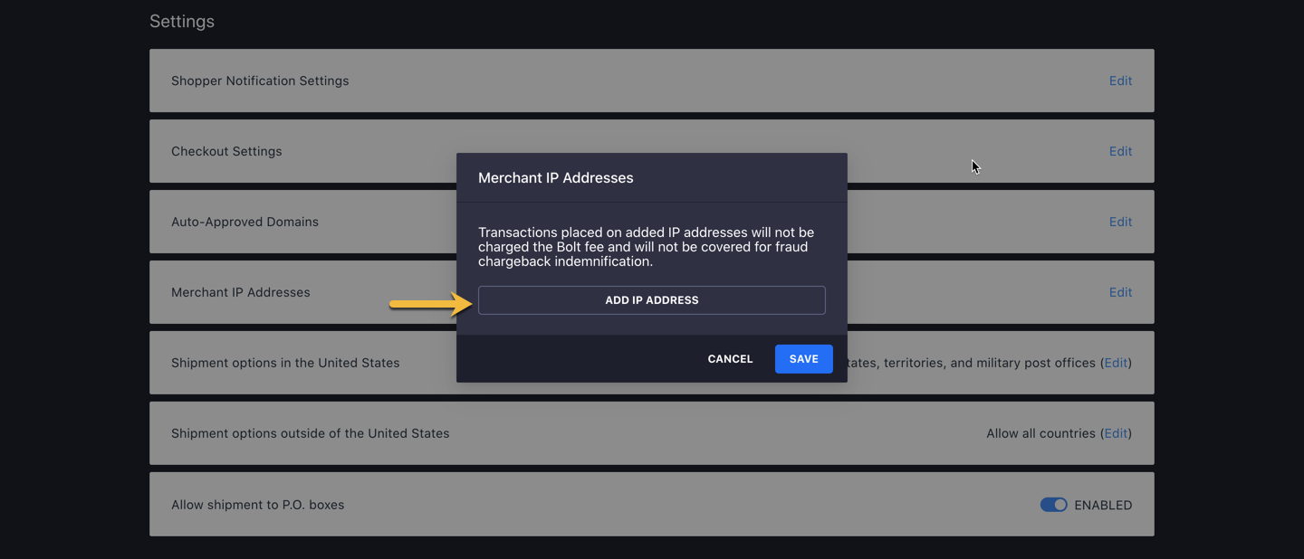 Merchant IP Address Modal